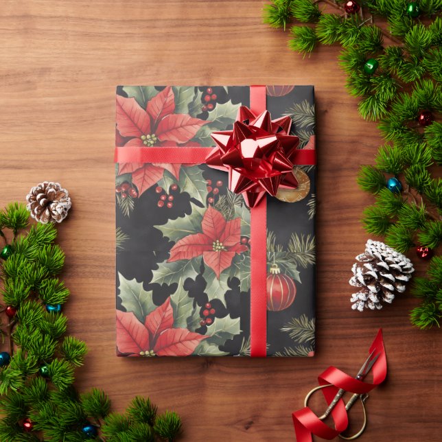 Papel De Regalo Red, Gold, Black Poinsettia Christmas | (Regalo de vacaciones)
