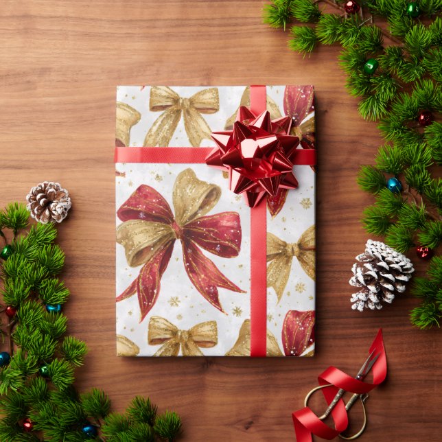 Papel De Regalo Red Gold Bows Christmas (Regalo de vacaciones)