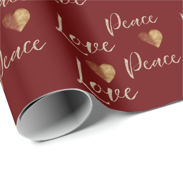 Papel De Regalo Red Gold Luxe Purpurina Love Peace Hearts (Esquina del rollo)