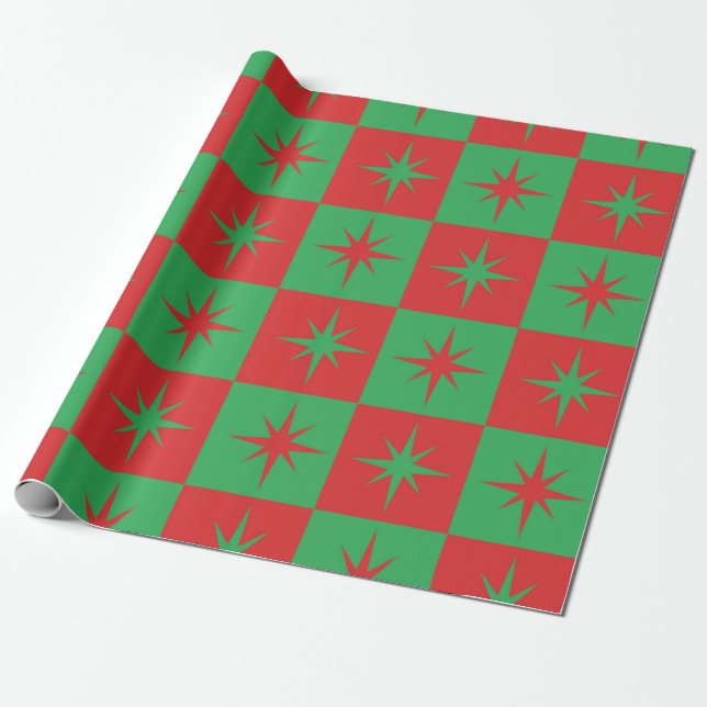 Papel De Regalo Red green checkered retro Christmas  starbursts  (Desenrollado)