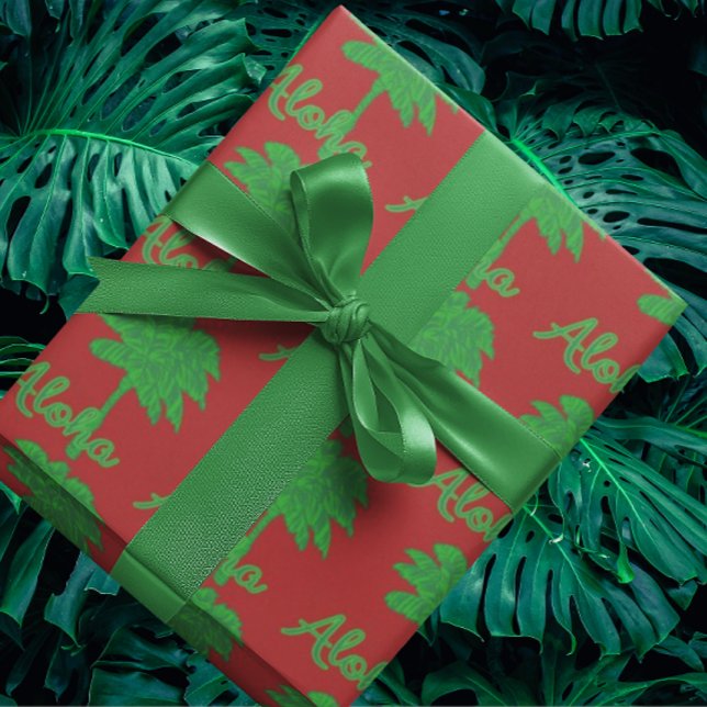 Papel De Regalo Red Green Palm Aloha Tropical Holiday (Red and green tropical gift wrap)
