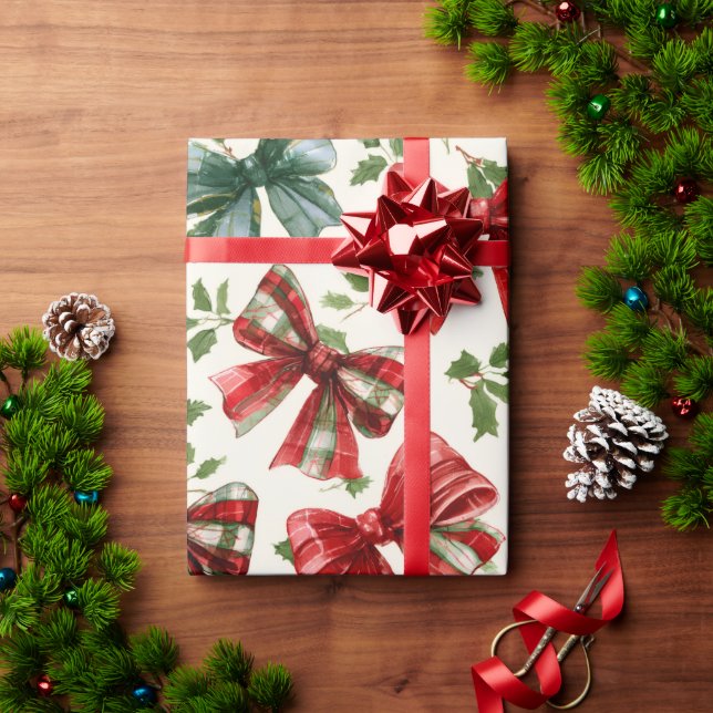 Papel De Regalo Red Green Retro Plaid Bows Christmas (Regalo de vacaciones)