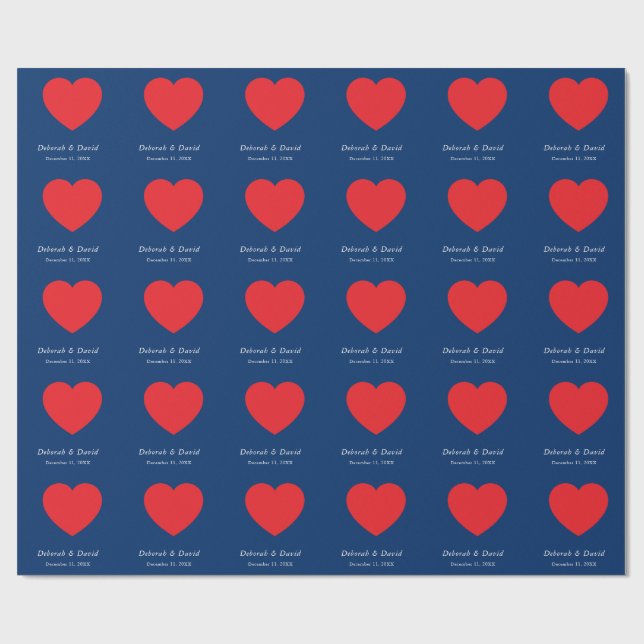 Papel De Regalo Red Heart Blue Modern Minimalist Wedding (Superficie plana)