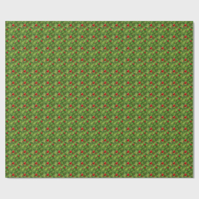 Papel De Regalo Red Ornaments & Evergreen Holiday Wrapping Paper (Superficie plana)