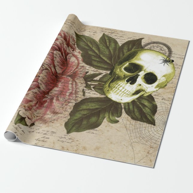 Papel De Regalo Red Peony Steampunk Skull Ephemera (Desenrollado)