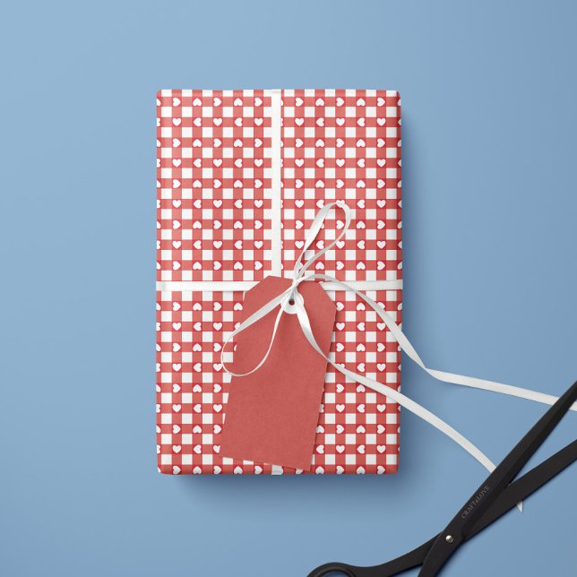 Papel De Regalo Red Preppy Gingham Hearts- Wrapping Paper Roll (Subido por el creador)