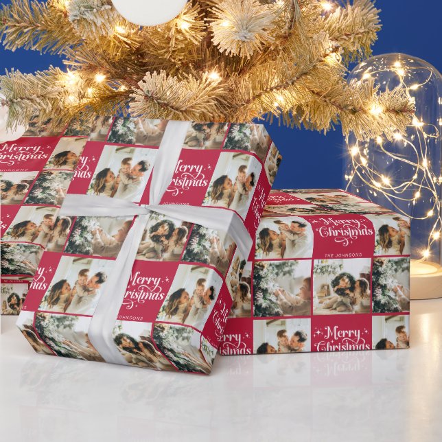 Papel De Regalo Red Retro Feliz Navidad Familia 3 Collage de fotos (Vacaciones)