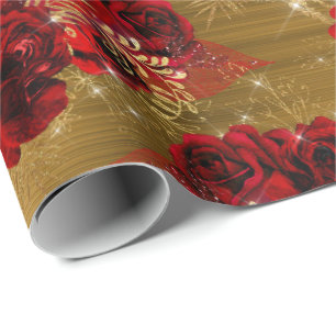 Papel De Regalo Red Rose Bunch Sparky Floral Purpurina Gold Metall
