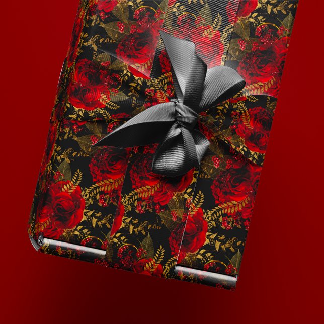 Papel De Regalo Red Roses Bunch Relieve metalizado Floral Purpurin (Red Roses Bunch Foil Floral Glitter Gold Black VIP Wrapping Paper)