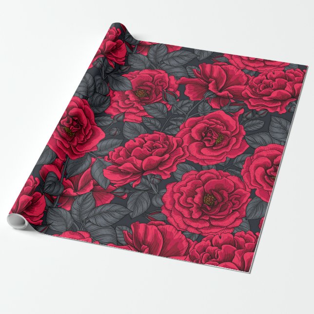 Papel De Regalo Red roses with gray leaves on black (Desenrollado)