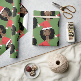 Papel De Regalo Red Santa Hat, Black Woman, Green
