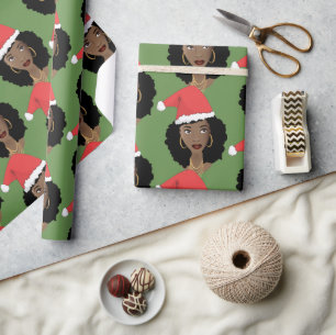 Papel De Regalo Red Santa Hat, Black Woman, Green