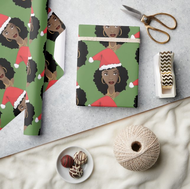 Papel De Regalo Red Santa Hat, Black Woman, Green (Artesanía)