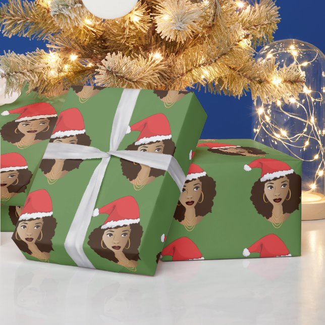 Papel De Regalo Red Santa Hat, Black Woman, Green (Vacaciones)