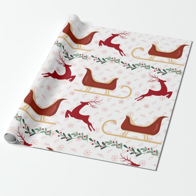 Papel De Regalo Red Snowflake & Reindeer Wrapping Paper | Festive (Desenrollado)