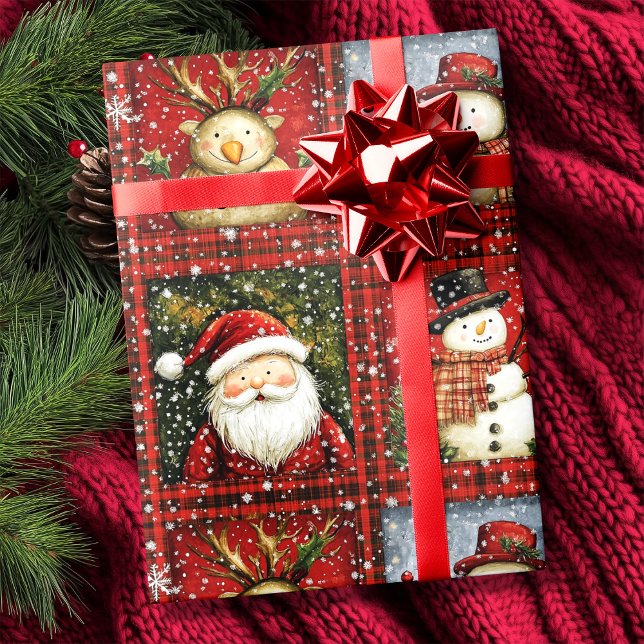 Papel De Regalo Red Tartan Santa Clause Navidades de renos de Snow (Red Tartan Santa Clause Snowman Reindeer Christmas Wrapping Paper)