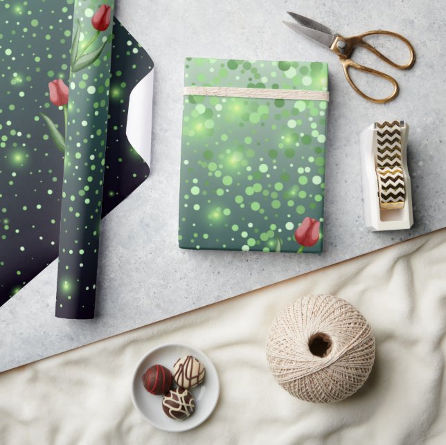 Papel De Regalo Red Tulips & Green Sparkle Gradient Gorgeous  (Artesanía)