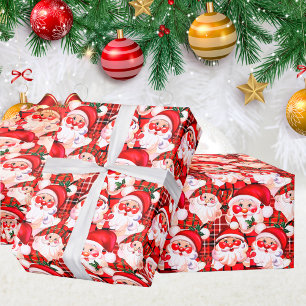 Papel De Regalo Red Vintage Santa Claus Tartan Plaid Navidades