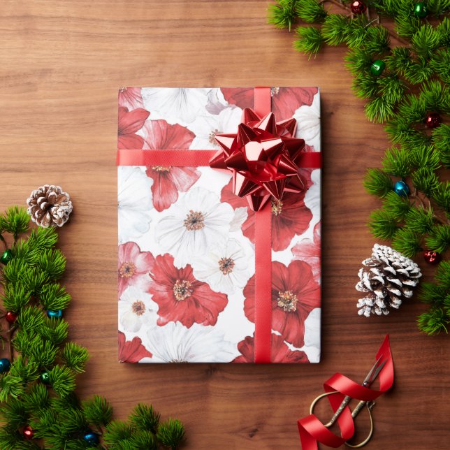 Papel De Regalo Red White Flowers Christmas (Regalo de vacaciones)