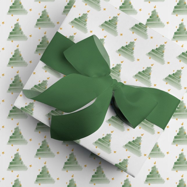 Papel De Regalo Regalo acuático verde de árboles navideños ilumina (Watercolor Christmas trees with yellow stars dancing around this festive holiday gift wrapping paper)