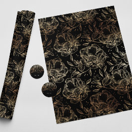Papel De Regalo Regalo Boda de Black Gold Faux Elegant Florals
