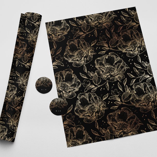 Papel De Regalo Regalo Boda de Black Gold Faux Elegant Florals (Subido por el creador)