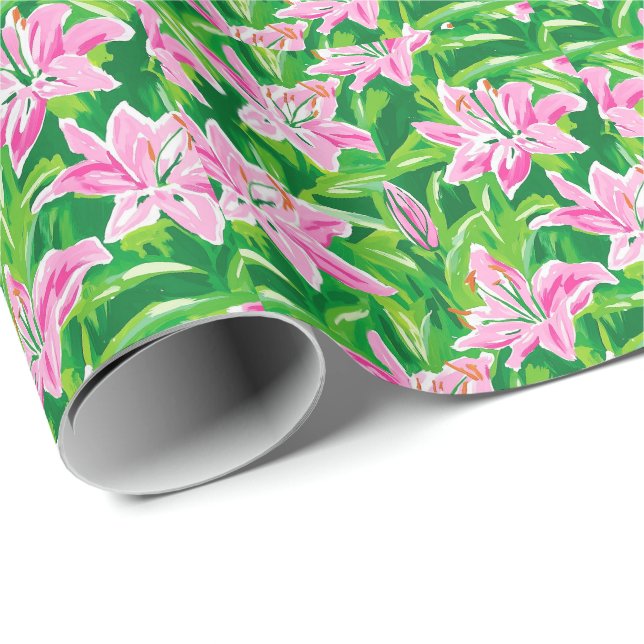 Papel De Regalo Regalo Botánico Chic Floral Lirio Rosa Preppy (Esquina del rollo)