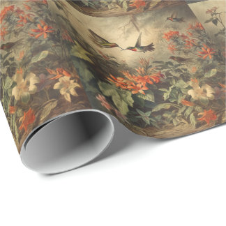 Papel De Regalo Regalo botánico vintage de colibrí y floral
