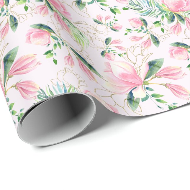 Papel De Regalo Regalo de Acuarela de Magnolia Rosa Elegante (Esquina del rollo)