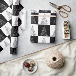 Papel De Regalo Regalo de árbol de Navidad festivo en negro y blan