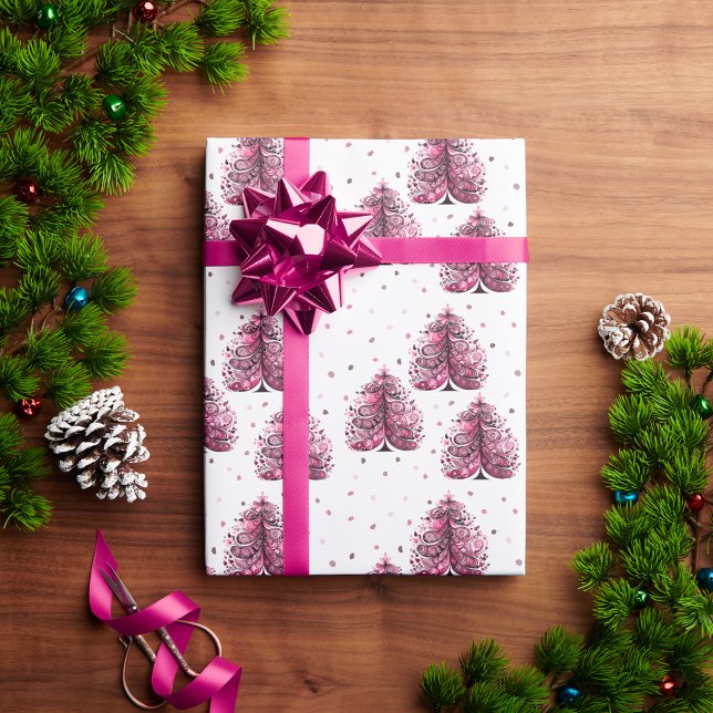 Papel De Regalo Regalo de árbol de navidad rosado giratorio (Pink Tree Girly Christmas Tree Gift Wrapping Paper)