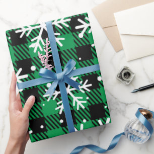 Papel De Regalo Regalo de cuadros de nieve verde festivo de búfalo