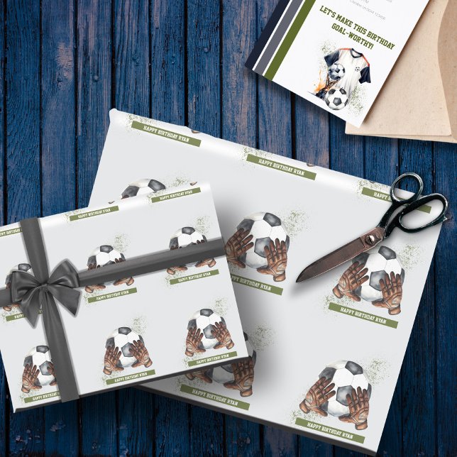 Papel De Regalo Regalo de cumpleaños de fútbol personalizado para  (Green Blue Soccer Birthday Party White Background)