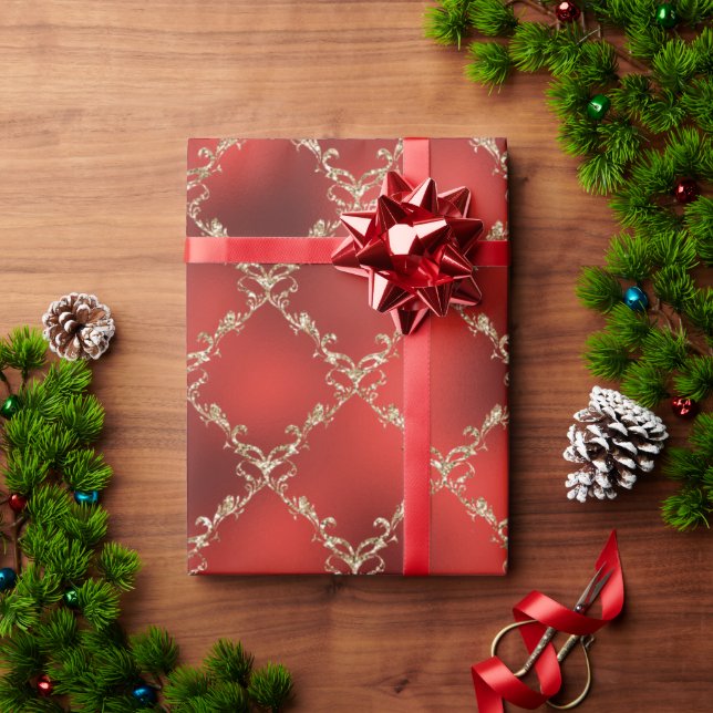 Papel De Regalo Regalo de Damask Purpurina de oro de Navidades roj (Regalo de vacaciones)