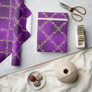 Papel De Regalo Regalo de Damask Purpurina Purple Holiday Gold