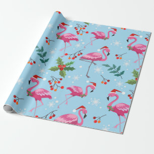Papel De Regalo Regalo de Flamingos rosados Red Holly Berries para