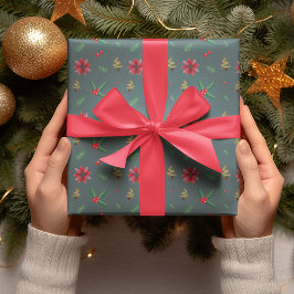 Papel De Regalo Regalo de flores rojas y árboles navideños moderno