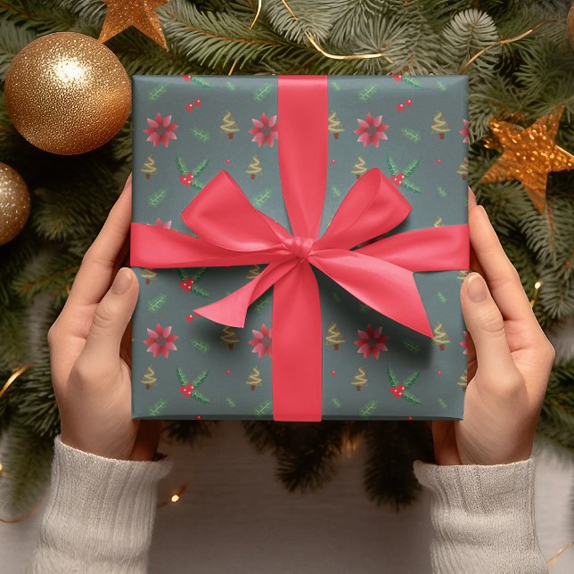 Papel De Regalo Regalo de flores rojas y árboles navideños moderno (Subido por el creador)