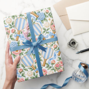 Papel De Regalo Regalo de Jugador de Pickleball Floral Azul Elegan