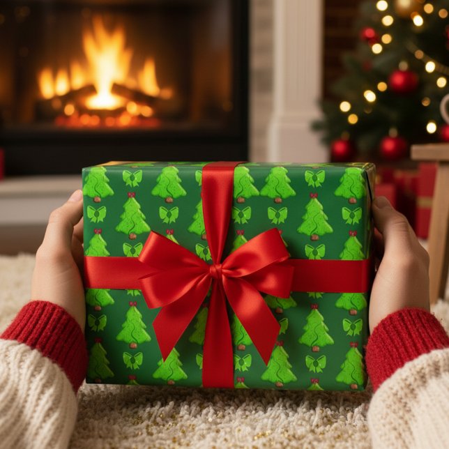 Papel De Regalo Regalo de los Árboles de Navidad (Whats Christmas without a tree? Here are some hand drawn trees on a forest green background.)