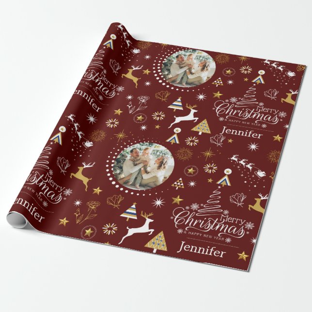 Papel De Regalo Regalo de Navidad personalizado de Maroon Merry (Desenrollado)