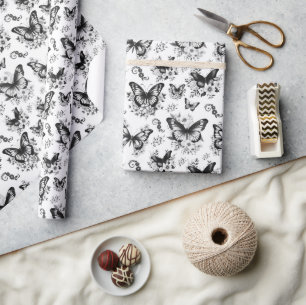 Papel De Regalo Regalo de patrón de mariposa blanca negra
