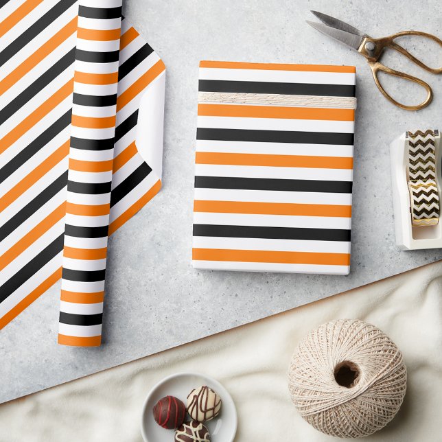 Papel De Regalo Regalo de patrón de rayas de Naranja blanco negro  (Halloween Black White Orange Stripes Pattern Gift Wrapping Paper)