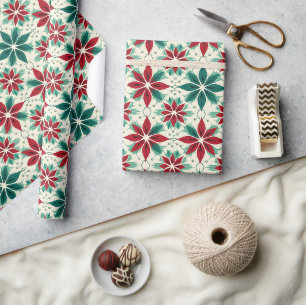 Papel De Regalo Regalo de Patrón Navideño Rojo Verde Poinsettia Ge