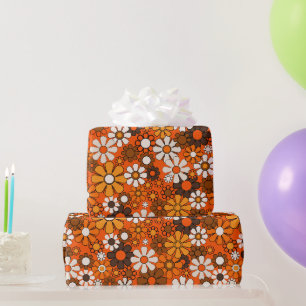 Papel De Regalo Regalo Floral Boho Retro 70s Marrón Naranja