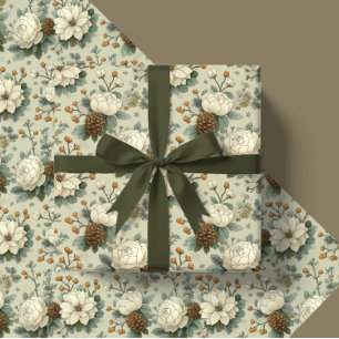 Papel De Regalo Regalo floral clásico de Navidad en crema y verde