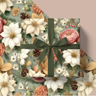 Papel De Regalo Regalo floral clásico de Navidad en rosa y verde s