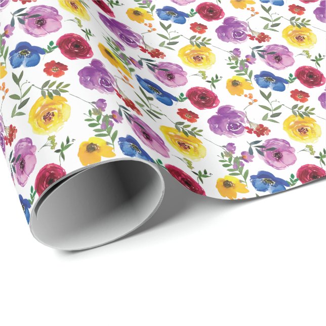 Papel De Regalo Regalo floral de acuarela brillante y audaz (Esquina del rollo)