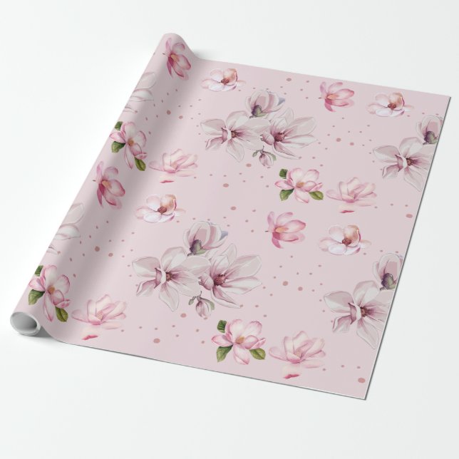 Papel De Regalo Regalo Floral de Acuarela Rosa Rubor Magnolia (Desenrollado)