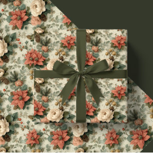 Papel De Regalo Regalo floral elegante de Navidad en melocotón y c
